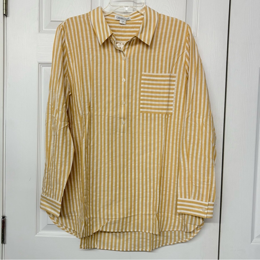 Coldwater Creek Mustard Gold and White Striped Pop Over Top NWT Sz L